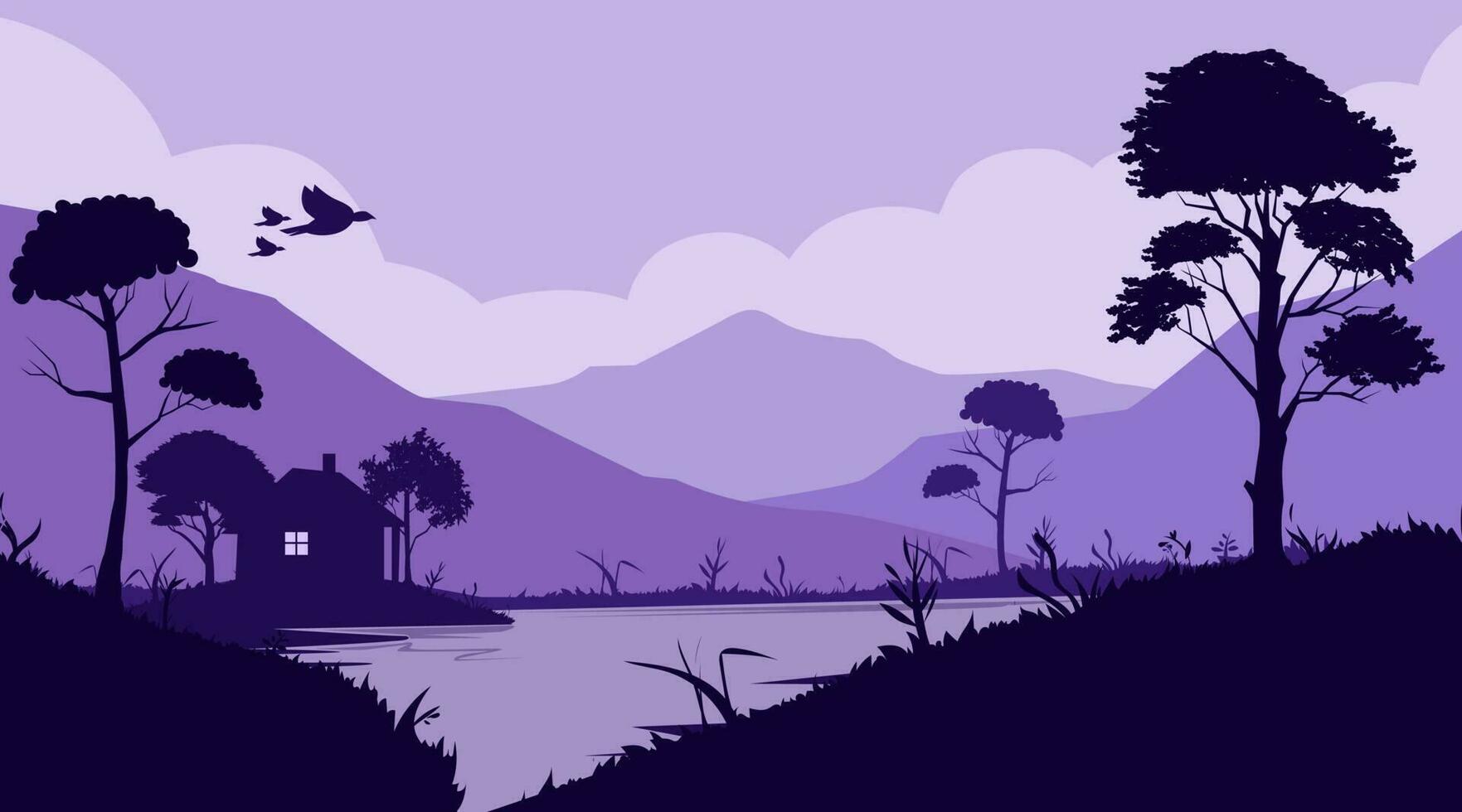 background silhouette, lakeside hut, between mountains, and trees, shades of purple vector