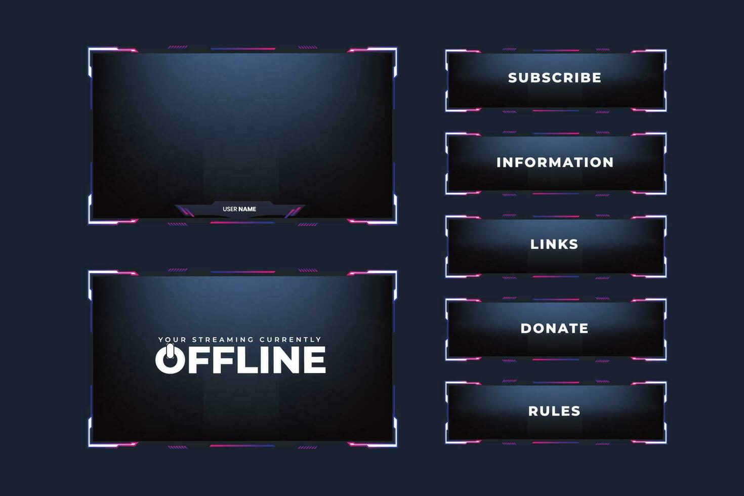 Futuristic gaming frame border design with online and offline screens. Modern gaming overlay layout vector for streamers. Live streaming overlay template design with simple shapes and buttons.