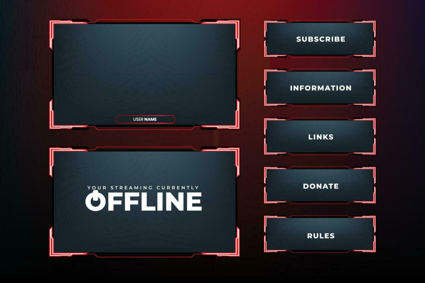 Futuristic neon display frame design with red and white colors. Creative gaming screen interface decoration with online buttons and screens. Live streaming overlay vector with neon light effect.