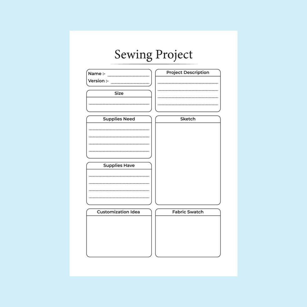 Sewing project notebook interior. Needlework project task tracker and business information journal template. Interior of a log book. Sewing project fabric measurement notebook. vector