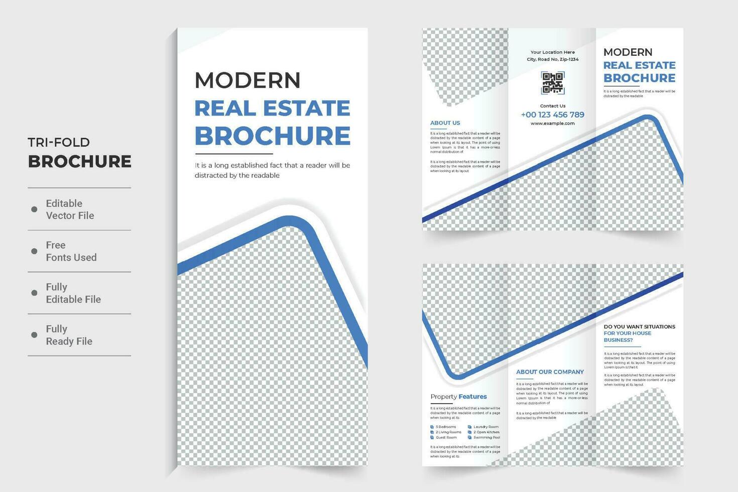Home selling business tri fold brochure design with photo placeholders. Real estate business poster and leaflet vector for marketing. Modern house selling business brochure with blue color shapes.