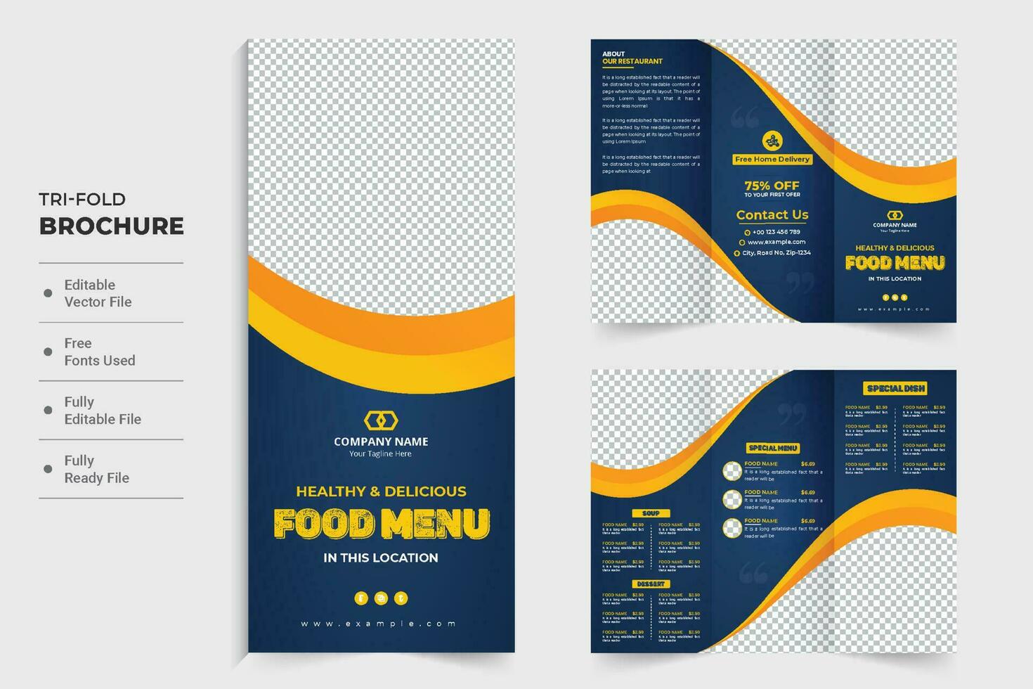 Food menu tri fold brochure template vector with dark blue and yellow colors. Restaurant promotion poster and leaflet layout design for marketing. Food menu brochure vector with photo placeholders.