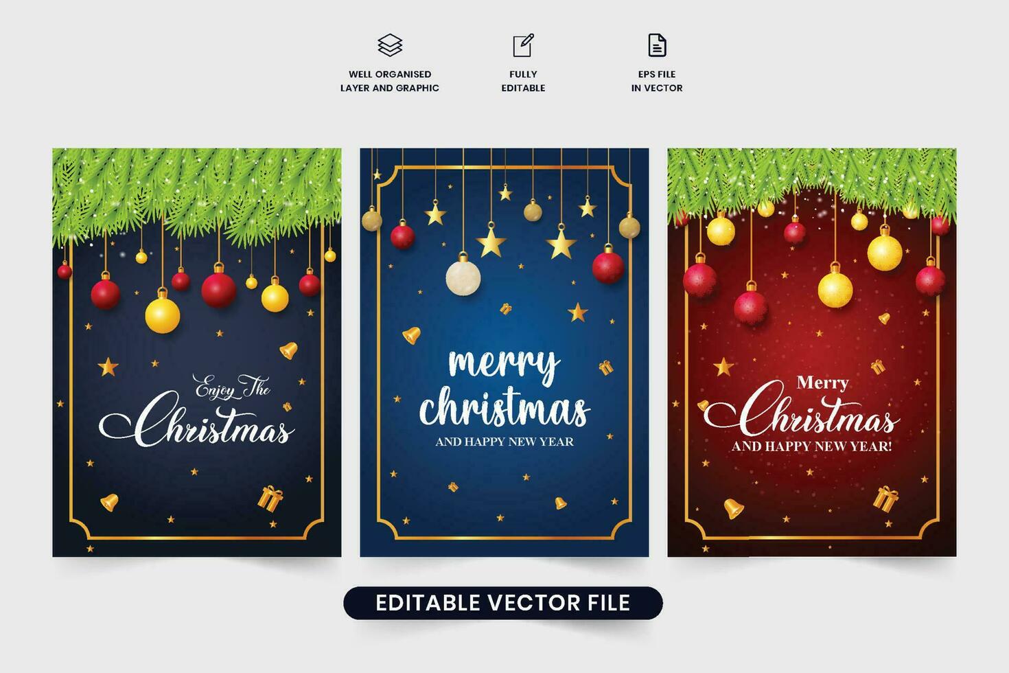 Christmas gift card collection with dark blue and red colors. Creative gift card design for Xmas with colorful elements and realistic green leaves. Christmas gift card set decoration for greetings. vector