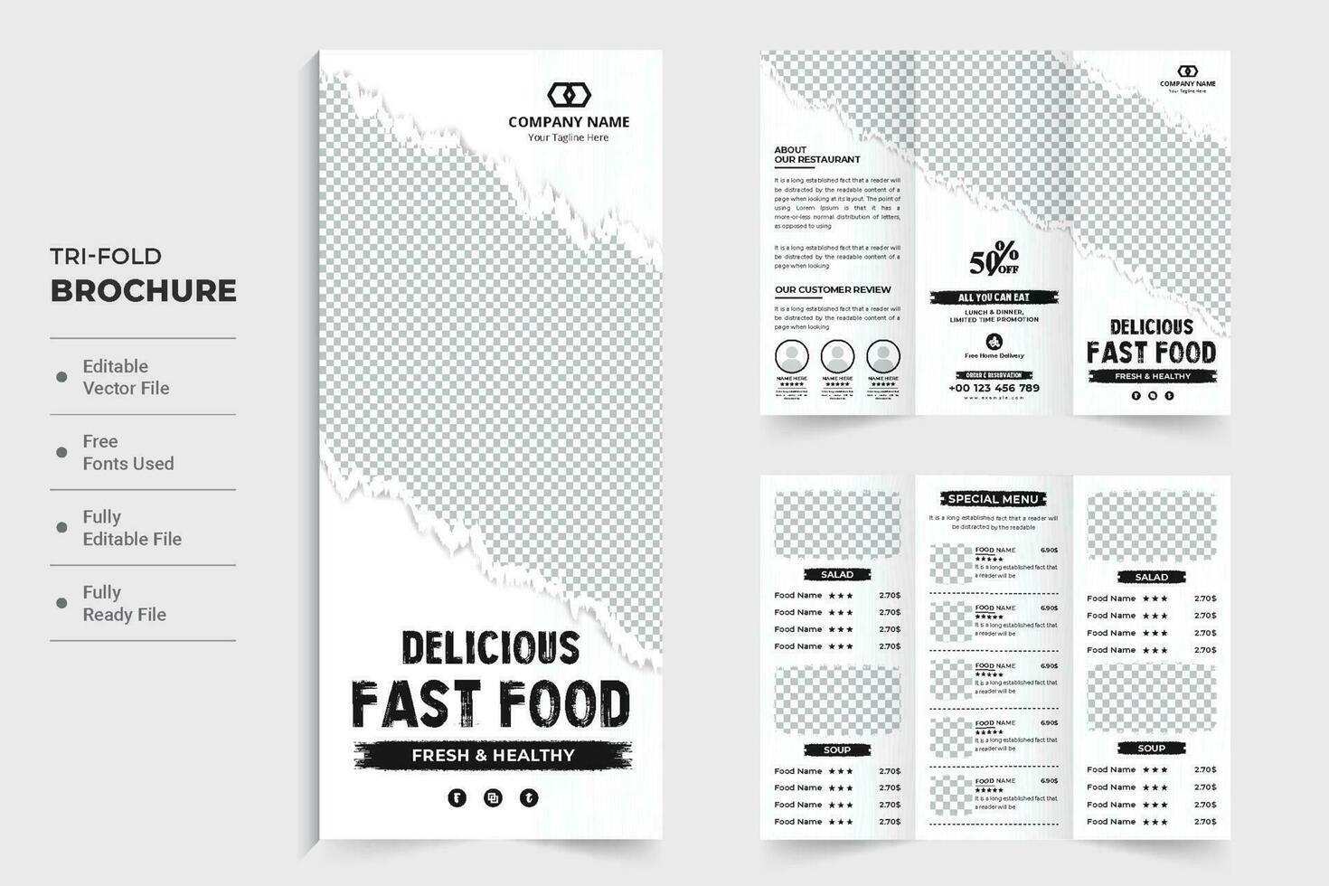 Creative food menu tri fold brochure design with brush effect on a white background. Modern food menu poster and leaflet layout vector for marketing. Restaurant business promotional brochure template.
