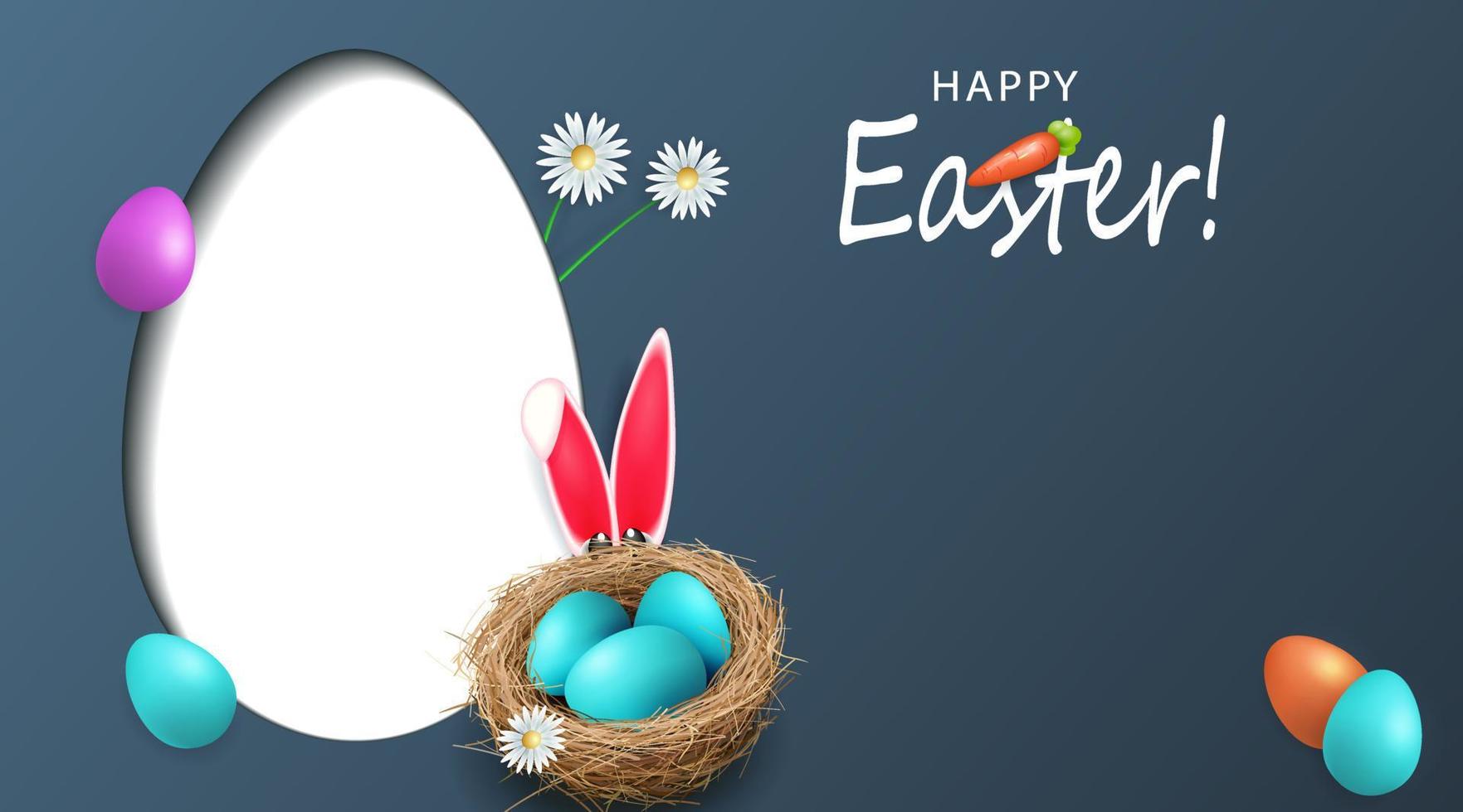 Easter billboard, eggs in a nest, flowers and an oval frame in white. vector