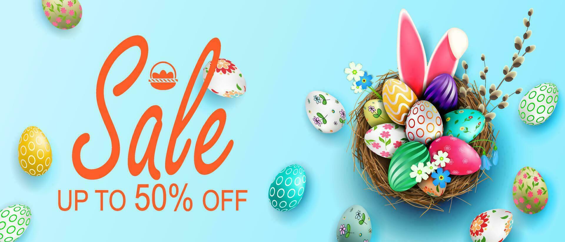 Blue sale banner, nest with Easter eggs, rabbit ears. vector