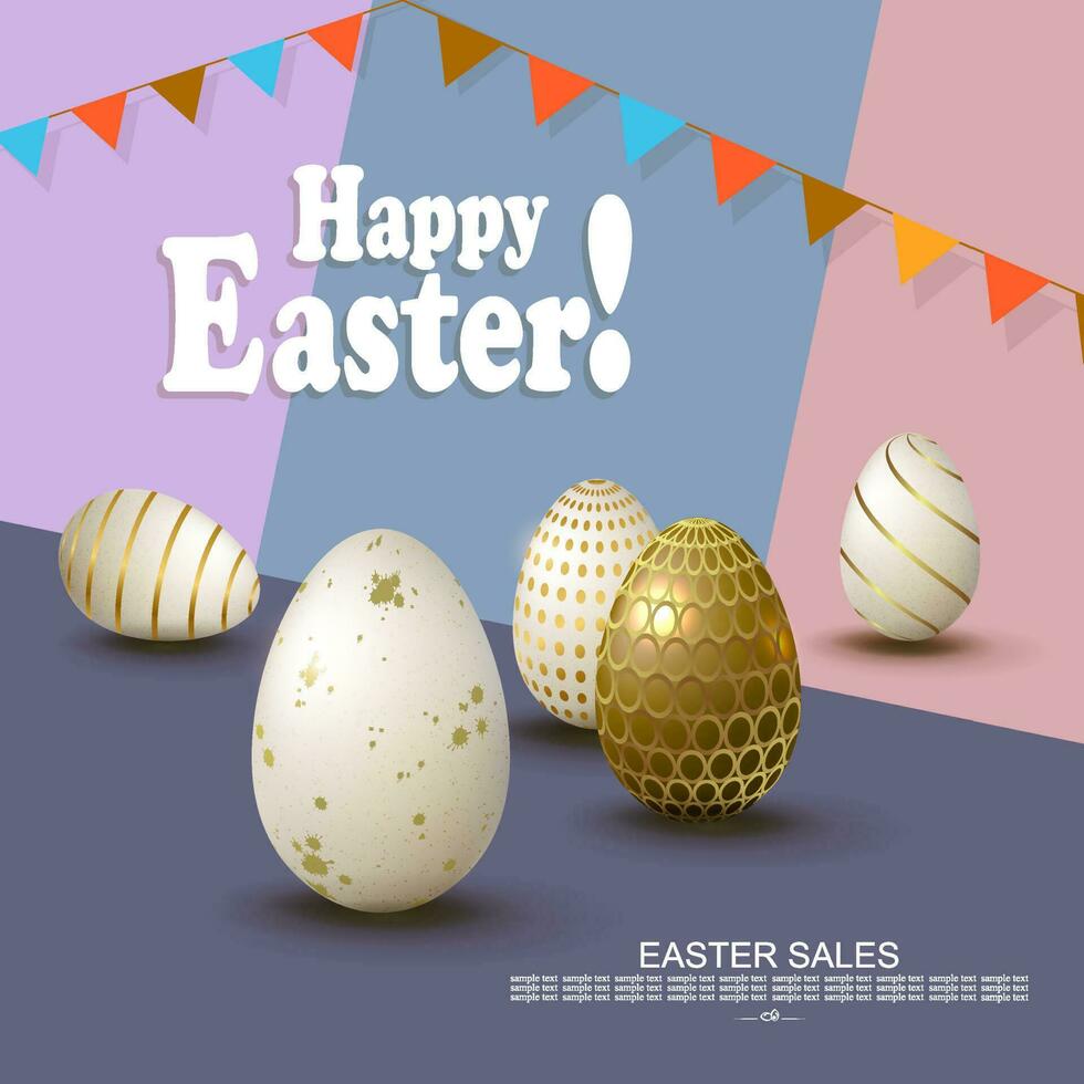 Easter slanting multicolor composition, white eggs with a pattern. vector