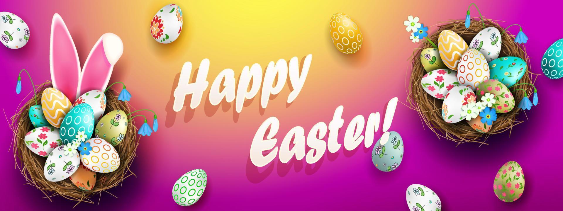 Purple Easter card with nests and eggs, bunny ears. vector