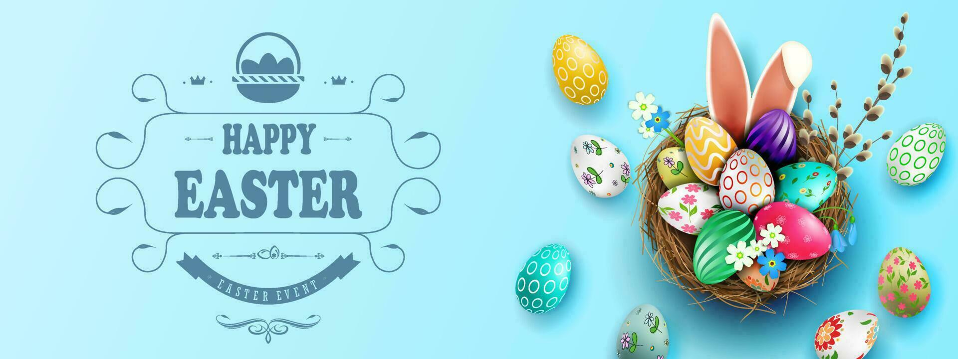 Easter light blue illustration, eggs in a basket with a beautiful pattern, bunny ears. vector