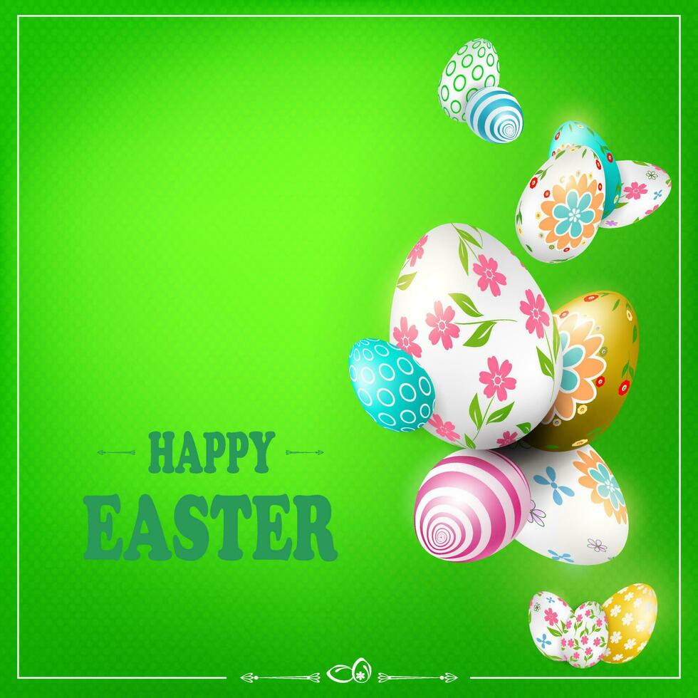 Green Easter composition with wonderful eggs with different patterns. vector