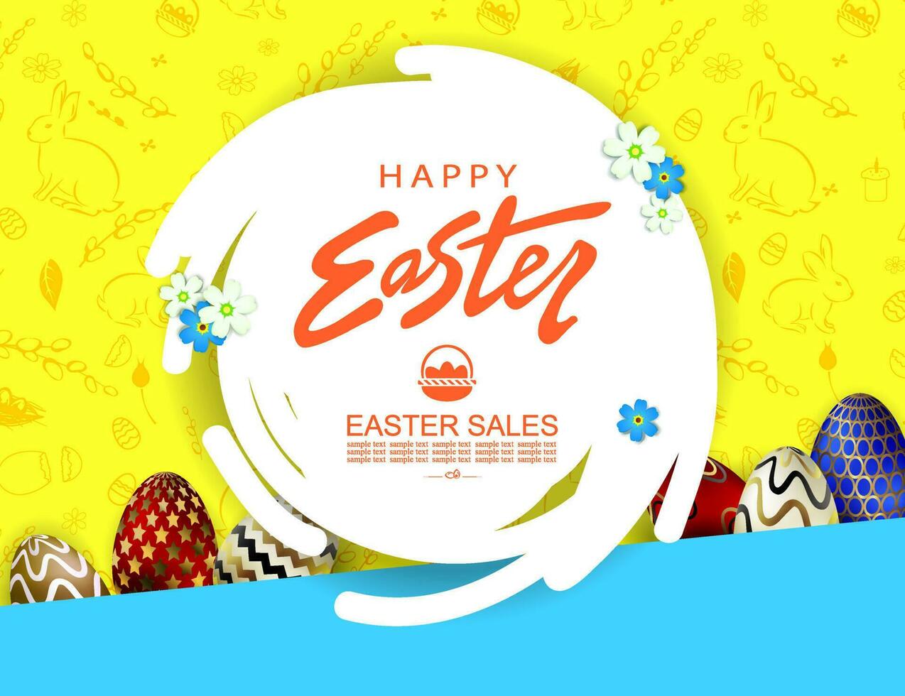 Composition with Easter eggs, abstract round white frame, oblique curtains of blue and yellow shades. vector