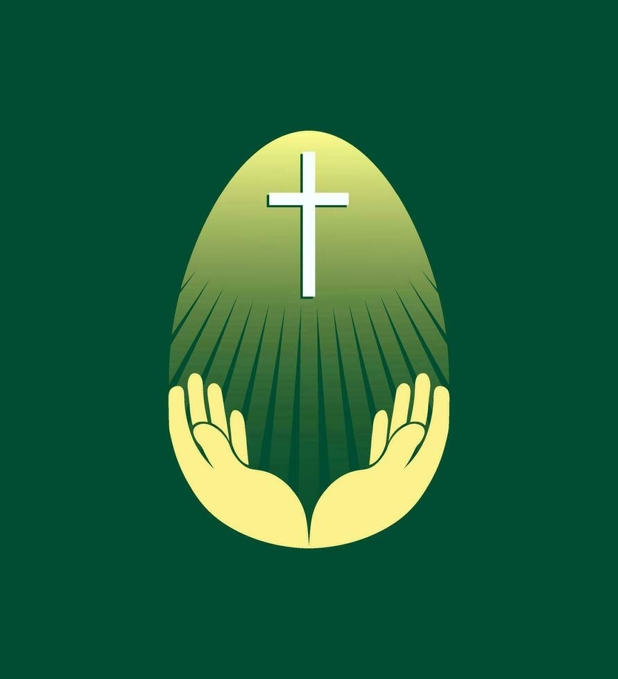 Yellow easter egg silhouette with cross and hands, design element. vector