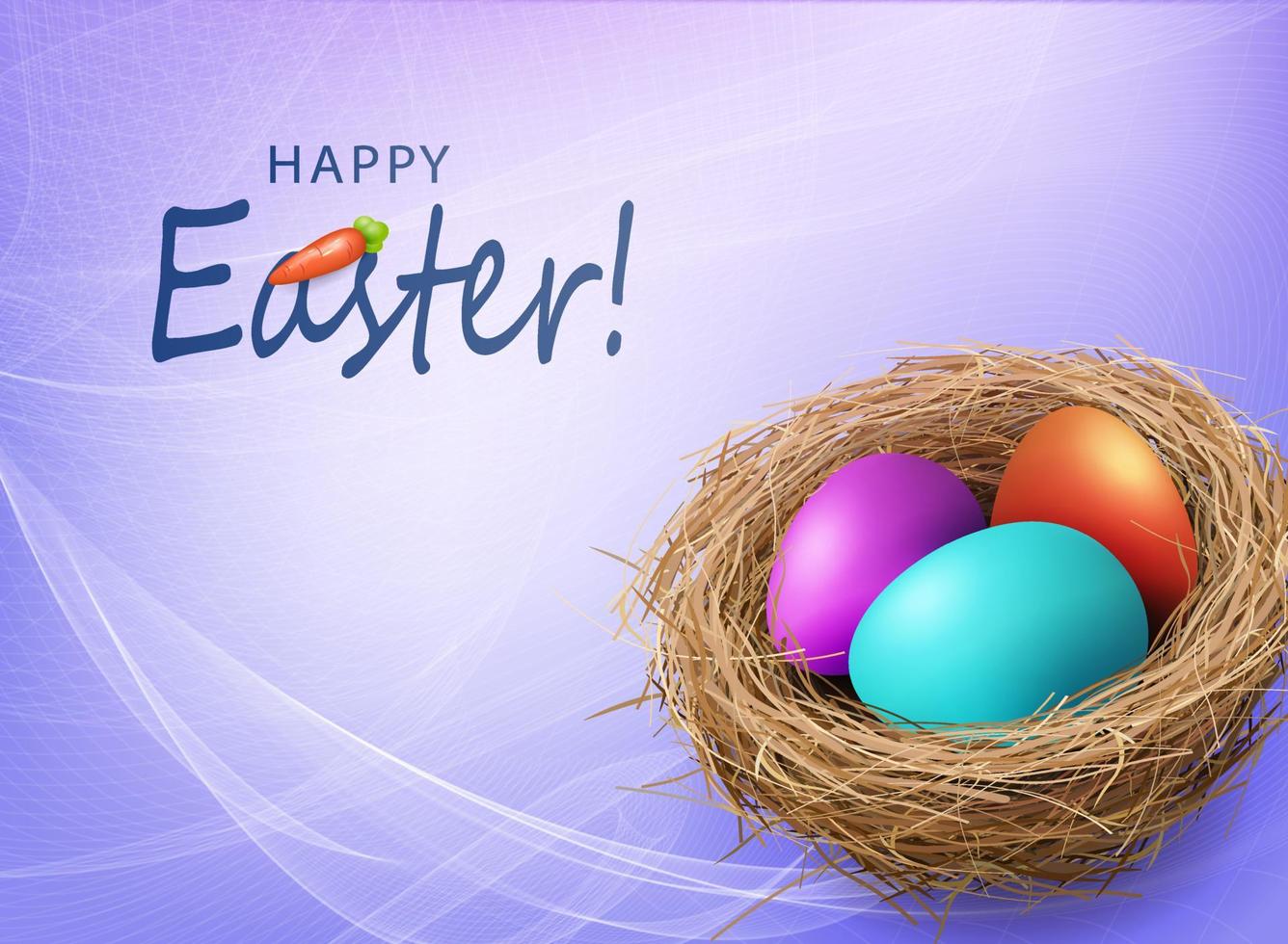 Easter purple gorgeous card with colorful eggs in a straw nest. vector