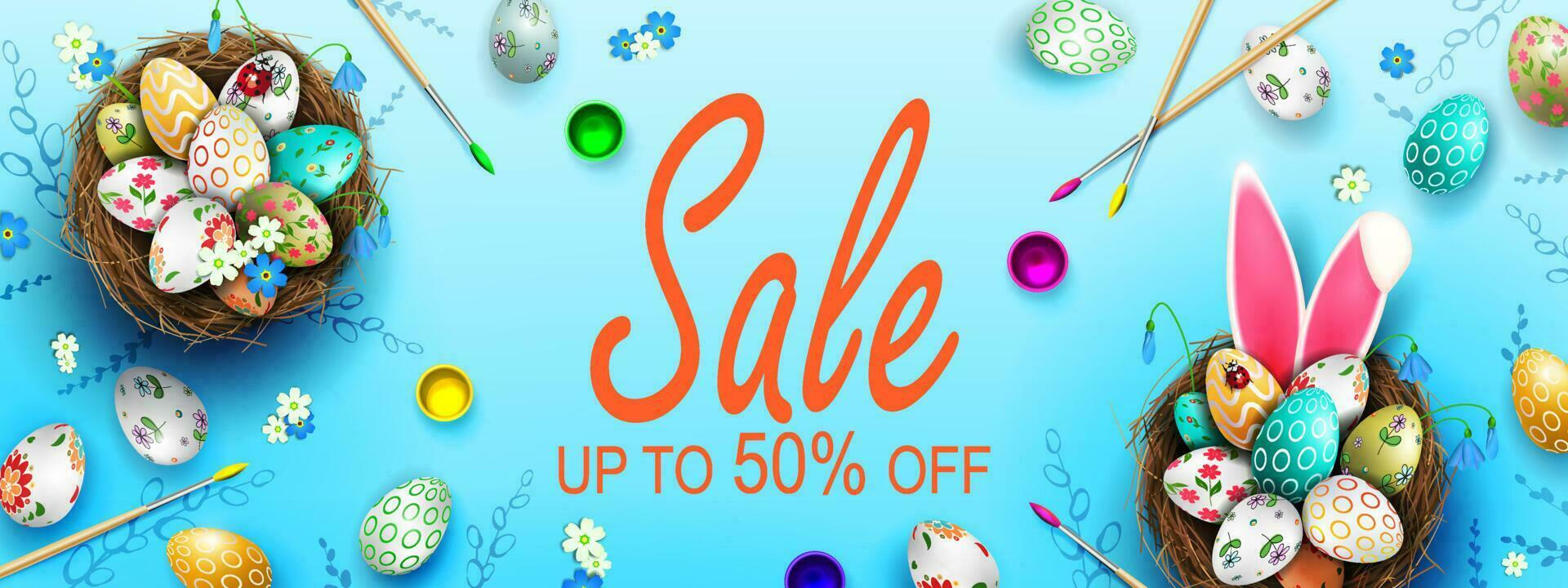 Easter sale banner, nest with eggs, brushes and paints. vector