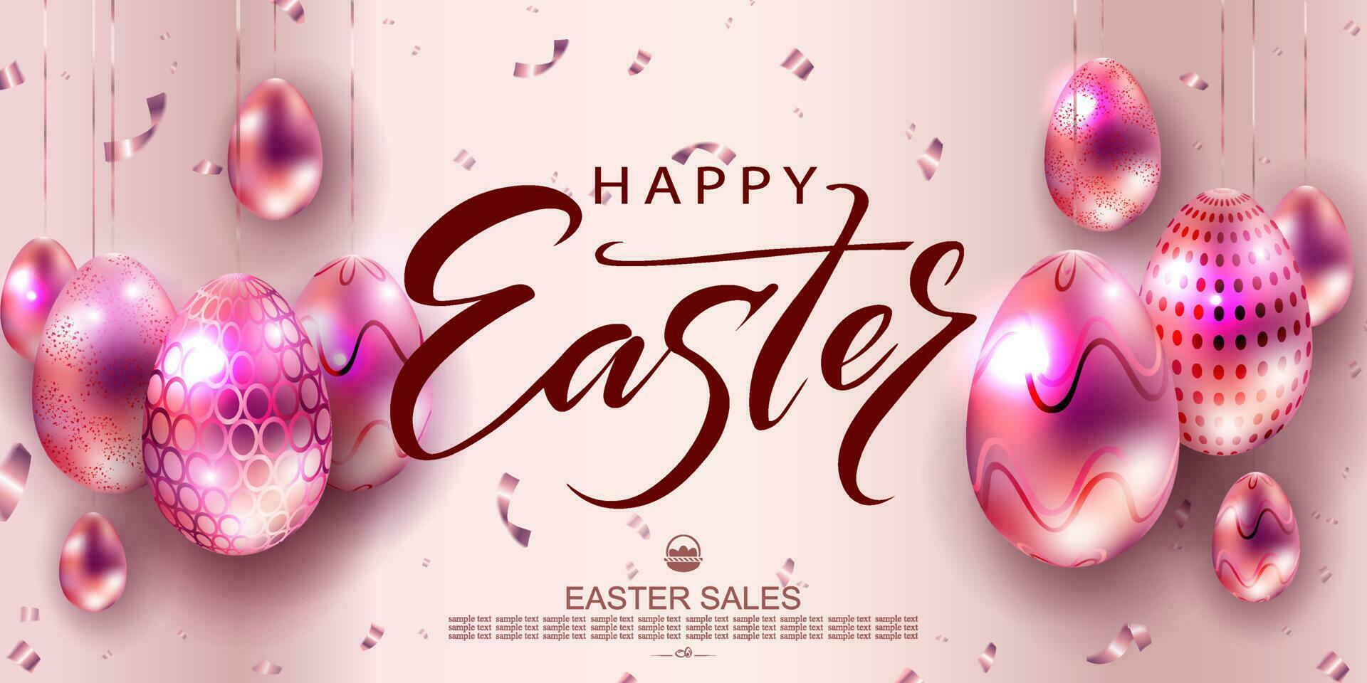 Easter light design with pink gradient, abstract eggs with beautiful pattern on pendants. vector