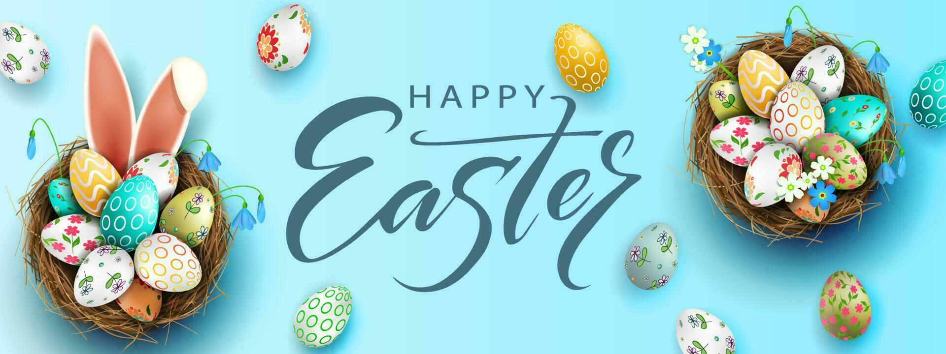 Easter blue illustration, eggs in a basket with a beautiful pattern, bunny ears, blue snowdrops. vector