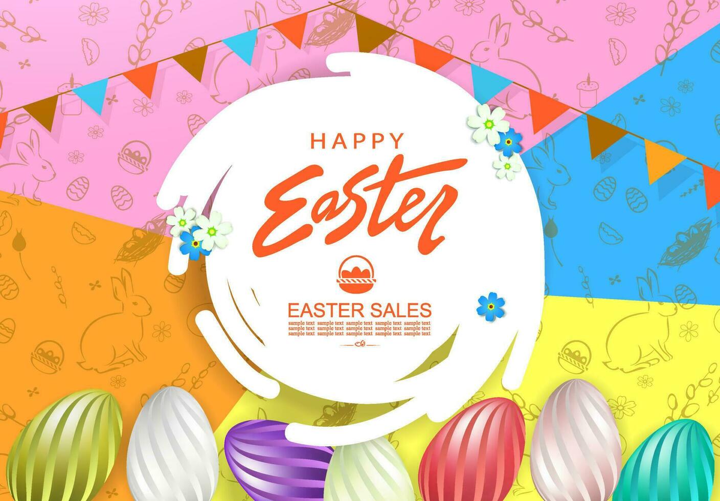 Pascua de Resurrección multicolor ilustración con resumen redondo blanco marco, huevos con un a rayas modelo. vector