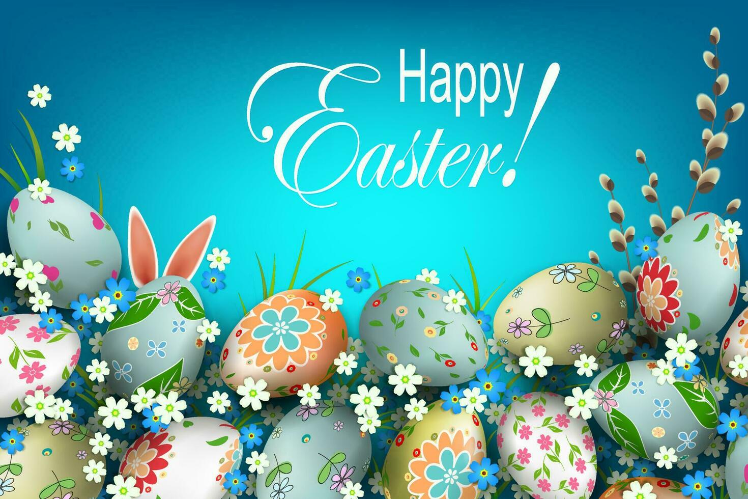 Easter blue composition with eggs with a beautiful diverse pattern, flowers and rabbit ears and willow branch. vector