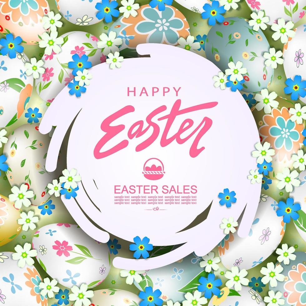 Light illustration with Easter eggs and flowers, abstract round white frame. vector