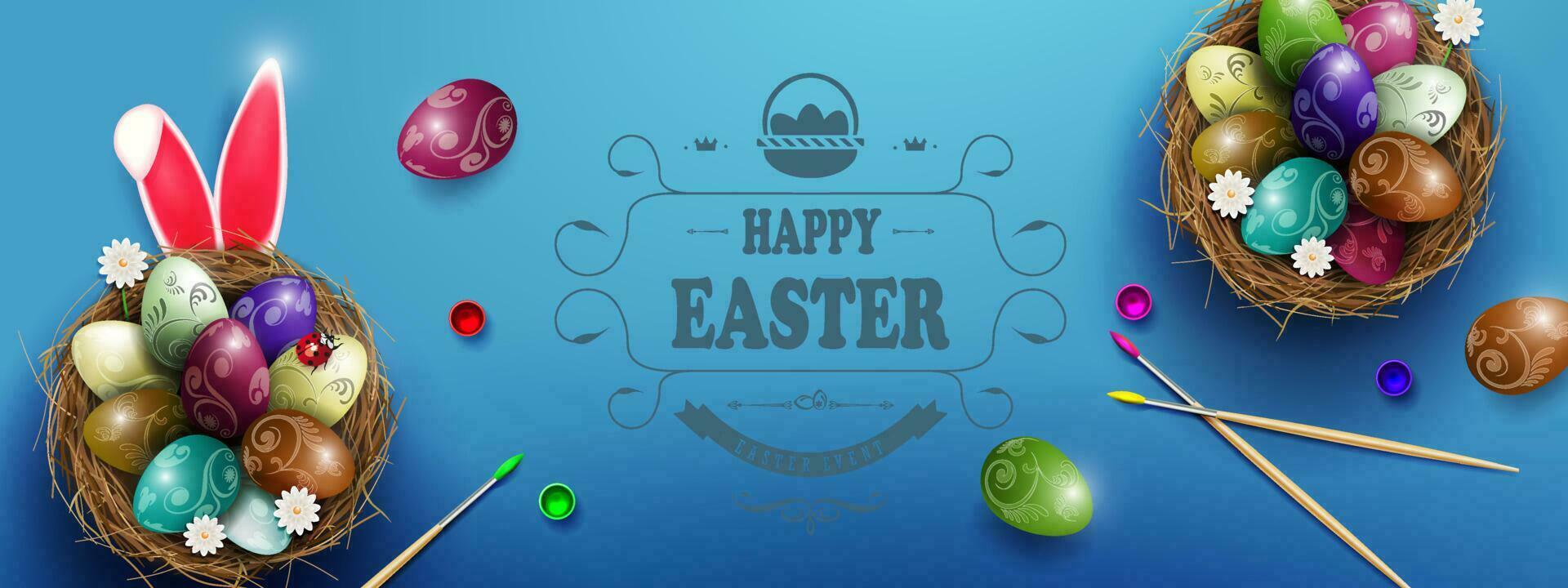 Blue postcard with Easter eggs and flowers in the nest, rabbit ears. vector