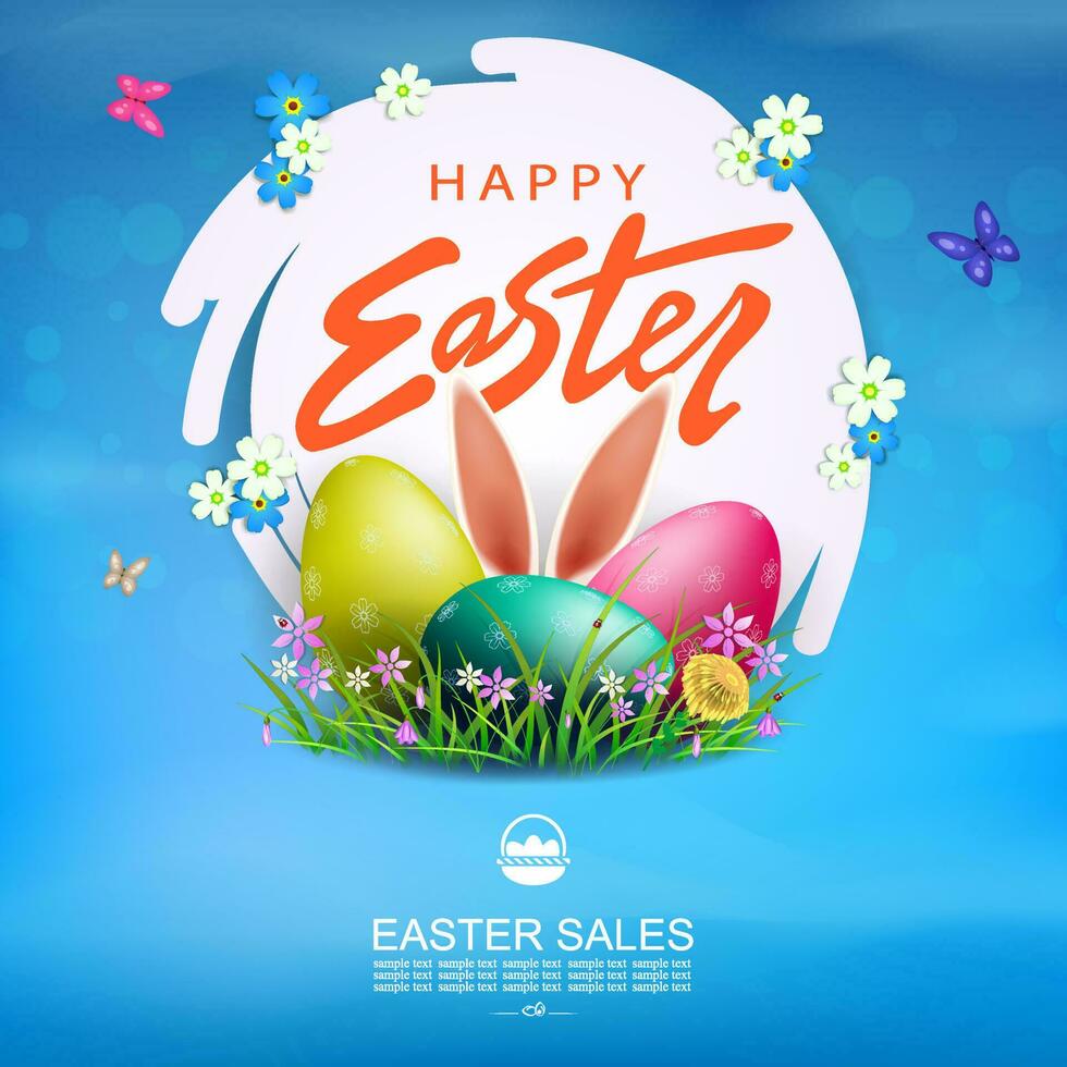 Easter blue card, white abstract frame, eggs in the grass with flowers. vector