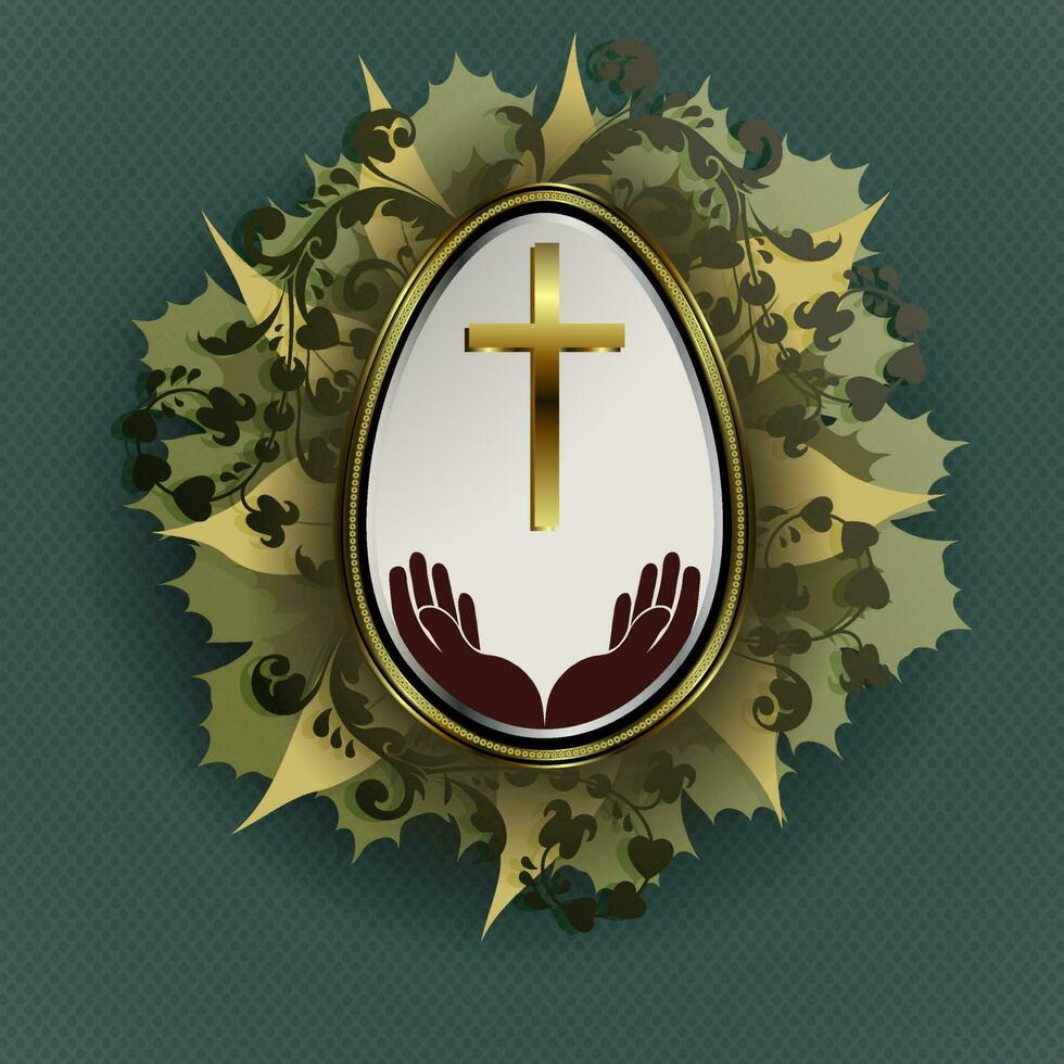 Pascua de Resurrección composición con un blanco huevo en un oro marco, un cruzar y un silueta de manos, entrelazados siluetas de verde follaje. vector