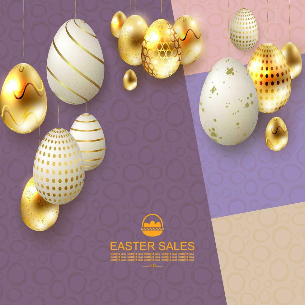 Easter purple design, eggs in white and gold shades with patterns on pendants. vector