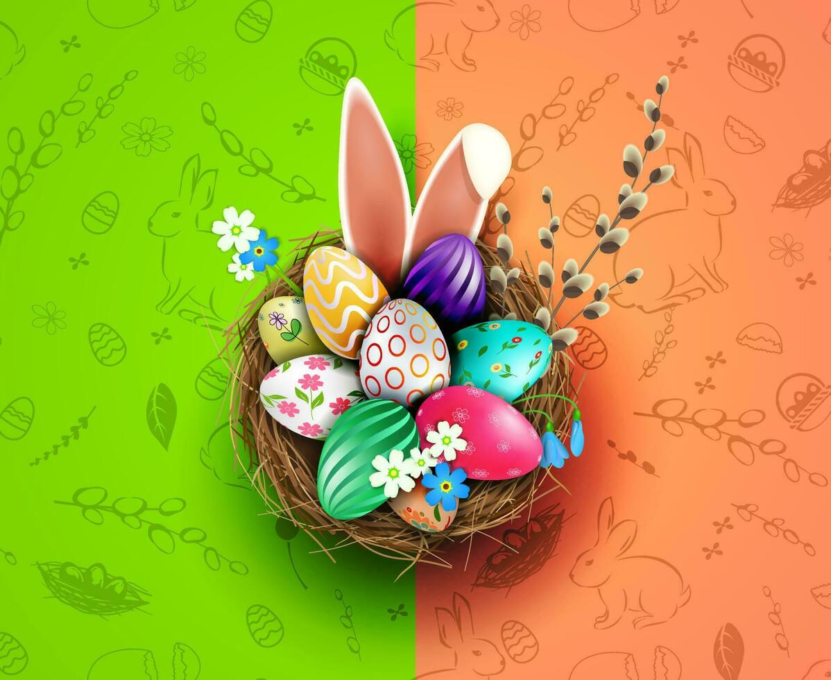 Easter design with a nest, eggs with a pattern, bunny ears, a willow twig. vector