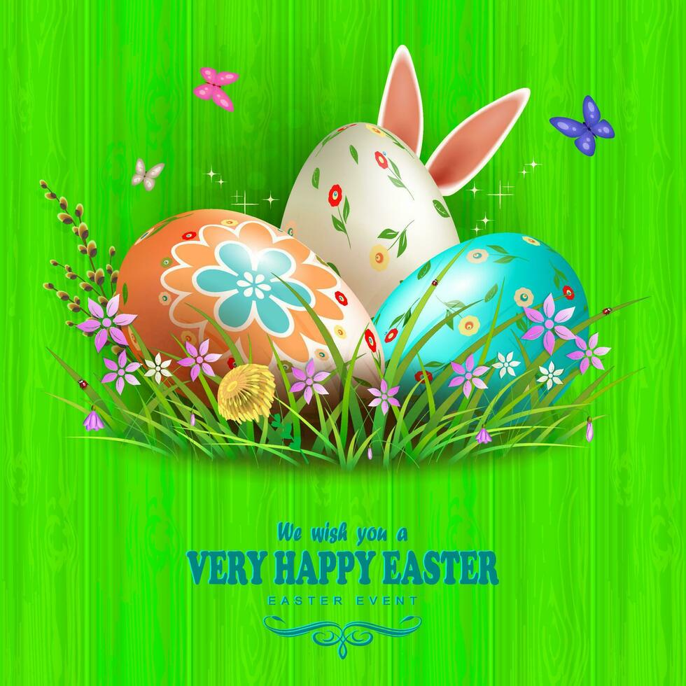 Easter composition of green color with a silhouette of a board, easter eggs, grass with, flowers, willow branch, butterflies and rabbit ears. vector