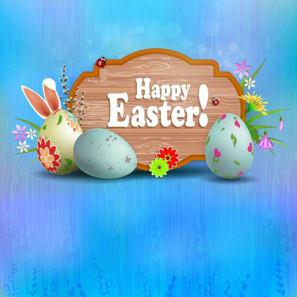 Easter composition in a light blue hue with a curly brown frame, eggs and rabbit ears, flowers, willow twig and grass. vector