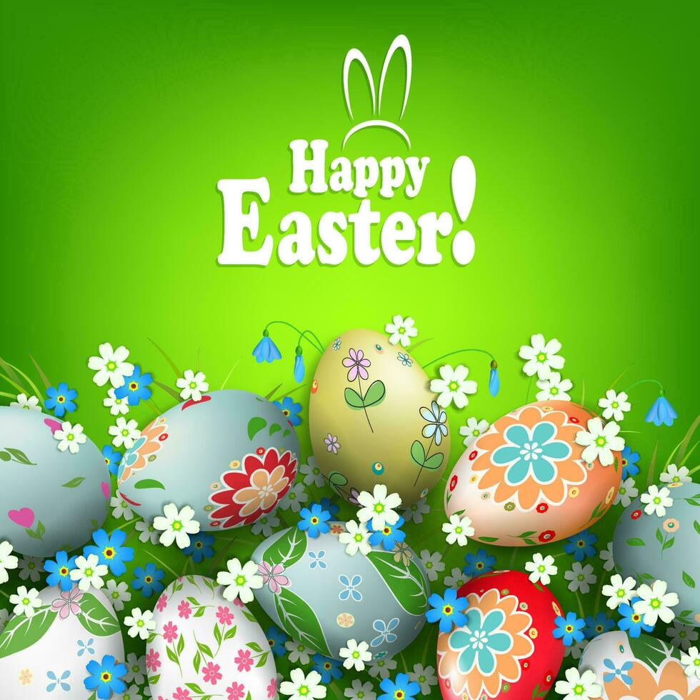 Easter green composition with eggs with a different pattern, grass and flowers. vector