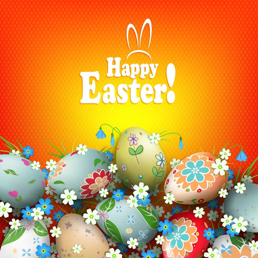Composition in orange with wonderful Easter eggs, grass and flowers. vector