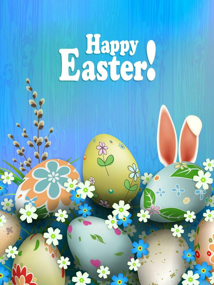 Easter composition in a light blue hue with magnificent eggs, flowers, a willow branch and rabbit ears. vector