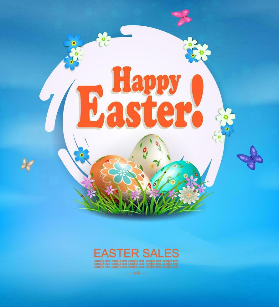Easter blue composition, round white abstract frame, patterned eggs, flowers and grass. vector