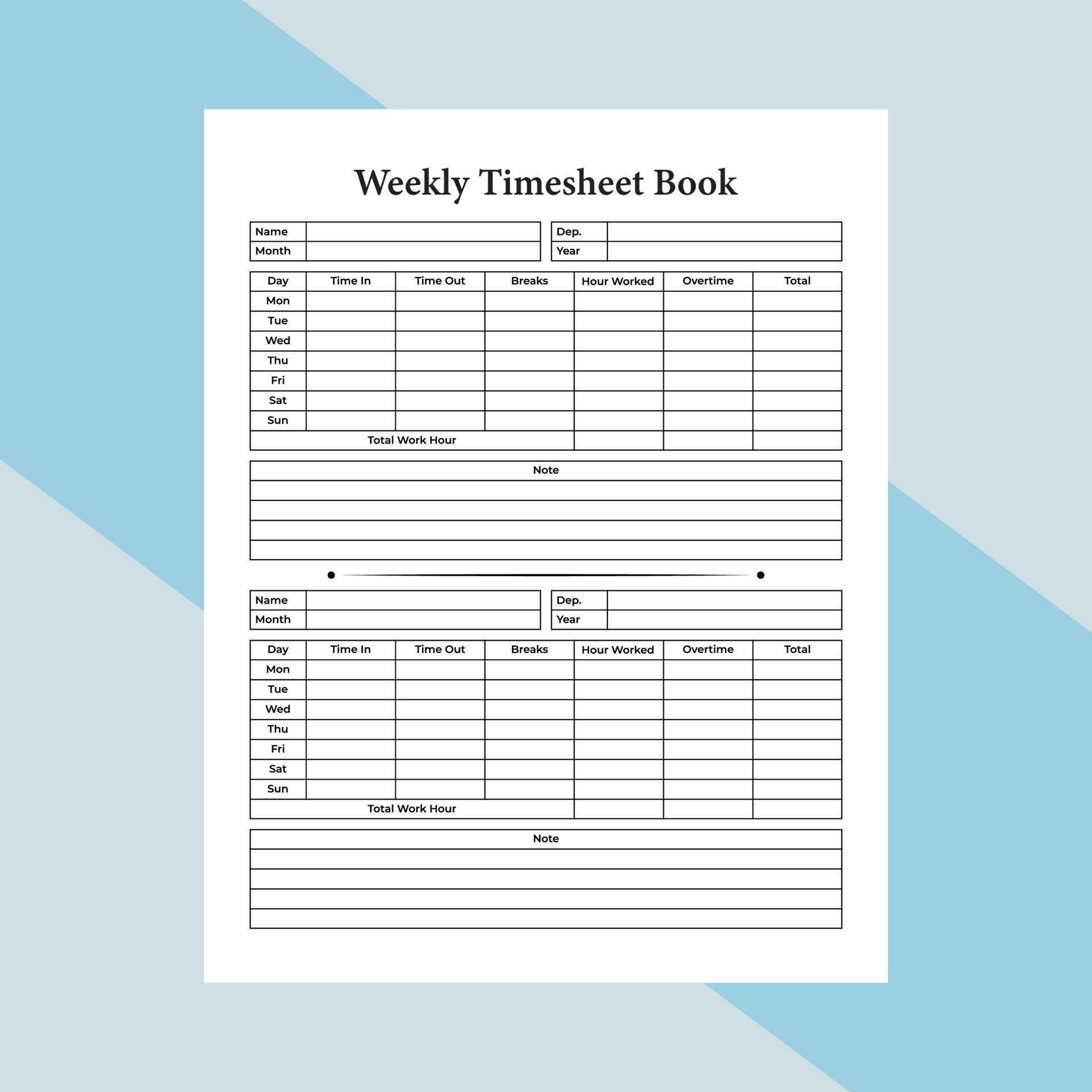 Weekly timesheet notebook interior. Office employee and