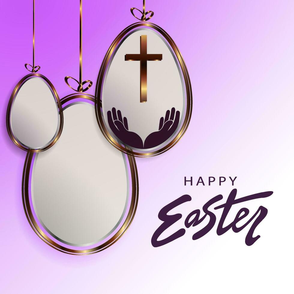 Easter light purple design, abstract eggs on pendants with gold border, cross and hands. vector