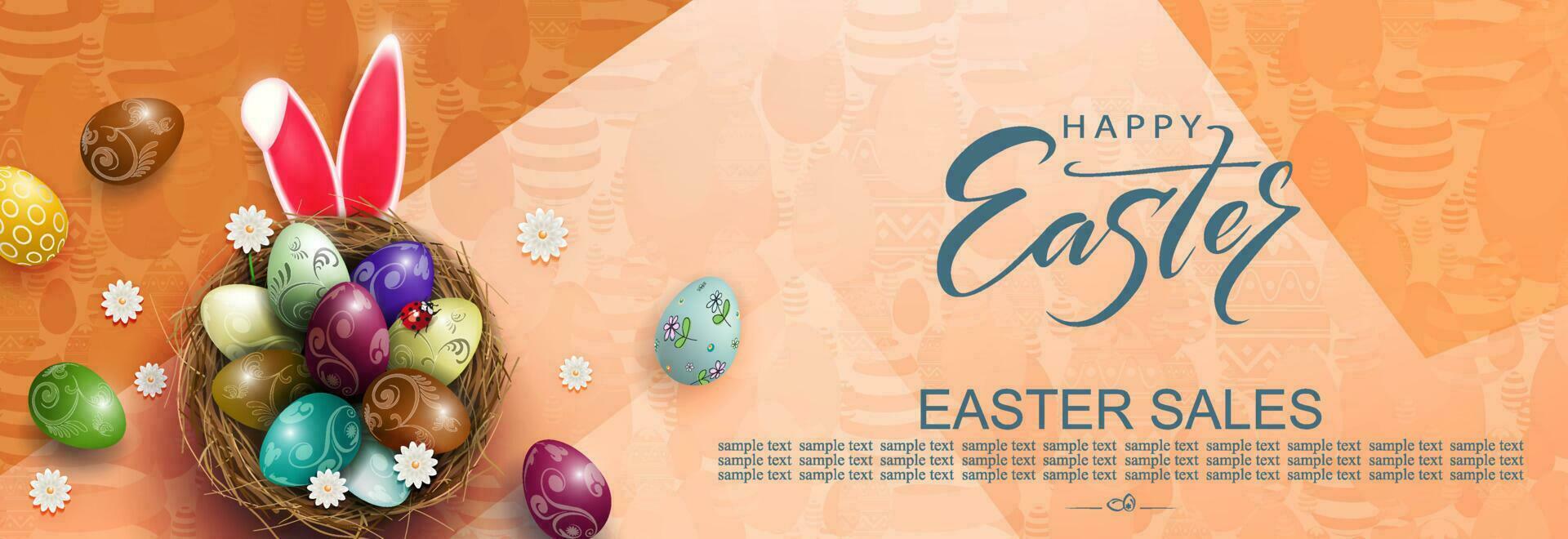 Brown illustration with Easter eggs in the nest and rabbit ears. vector