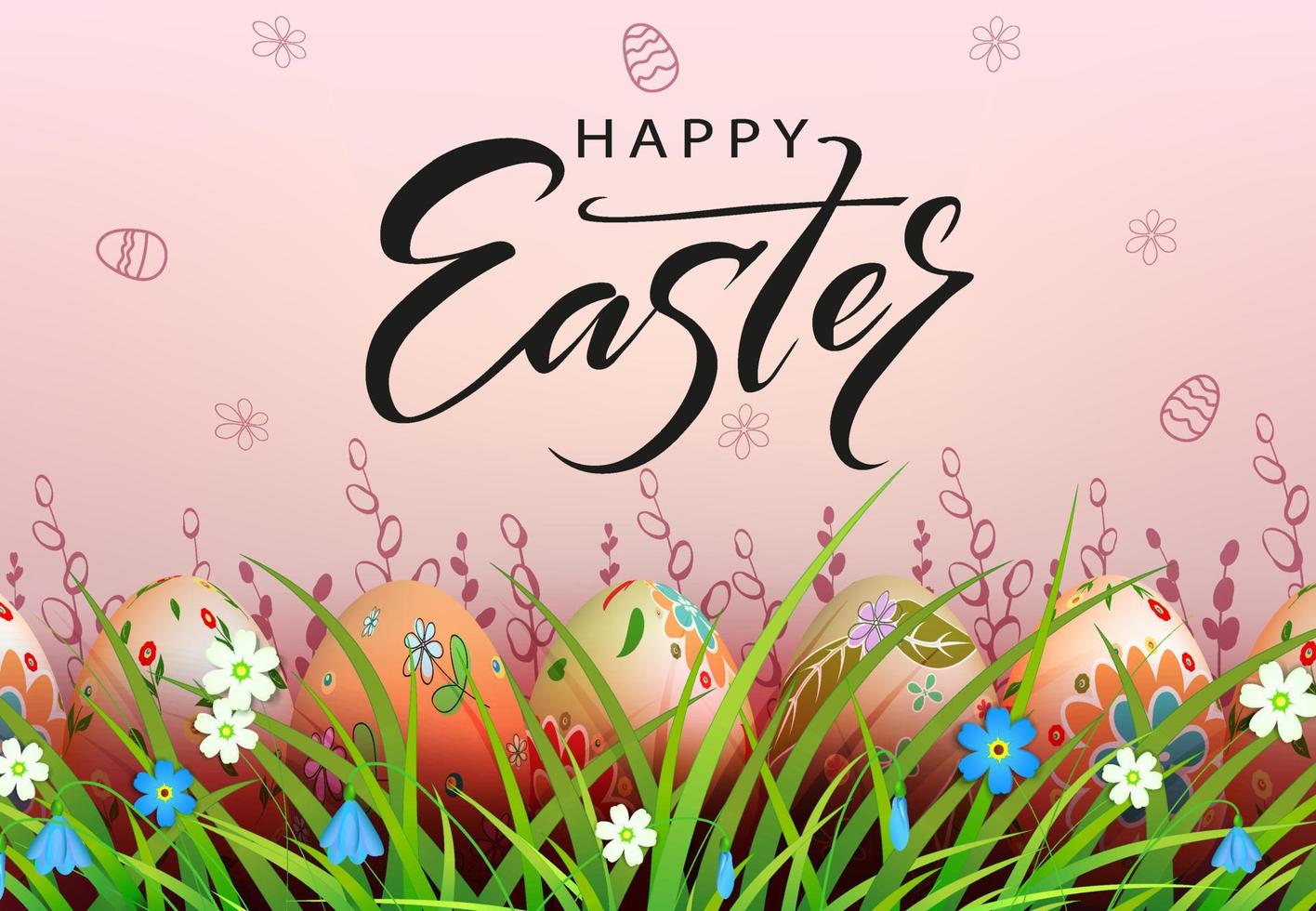Pascua de Resurrección ligero composición, multicolor huevos en el césped con flores vector