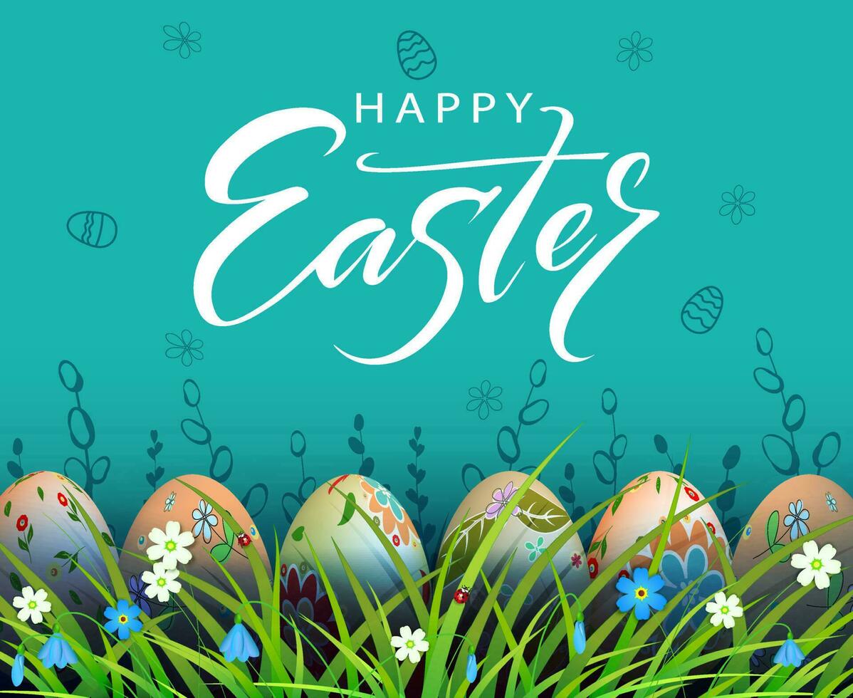 Easter blue composition, multi-colored eggs in the grass with flowers. vector