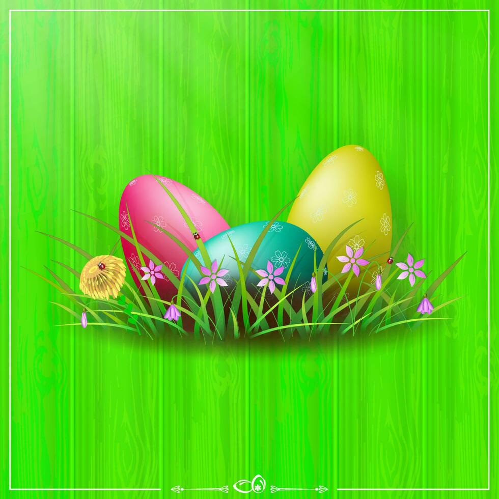 Green composition with a wood pattern, Easter eggs of different colors with a pattern, grass and flowers. vector
