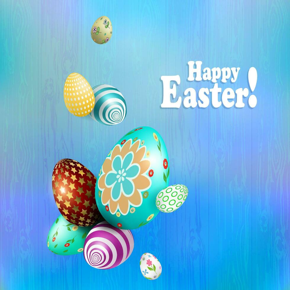 Easter composition of a blue shade with beautiful eggs with a wonderful pattern drawn like a garland. vector