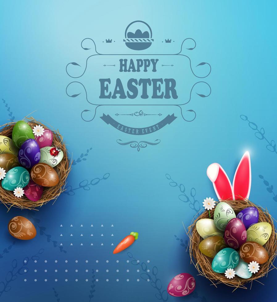 Blue postcard with Easter eggs and daisies in the nest, rabbit ears. vector