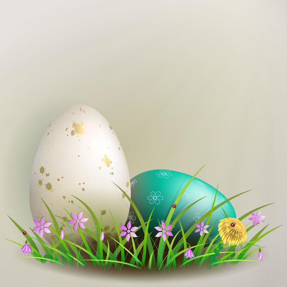 Easter composition with a white and turquoise egg with a pattern, grass and flowers. vector