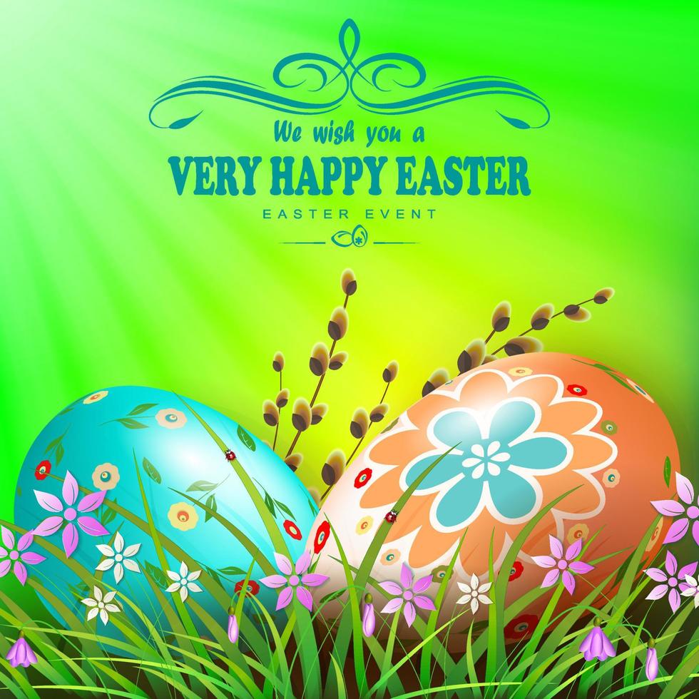 Green composition with Easter eggs of different colors with a pattern, grass flowers and willow branch. vector