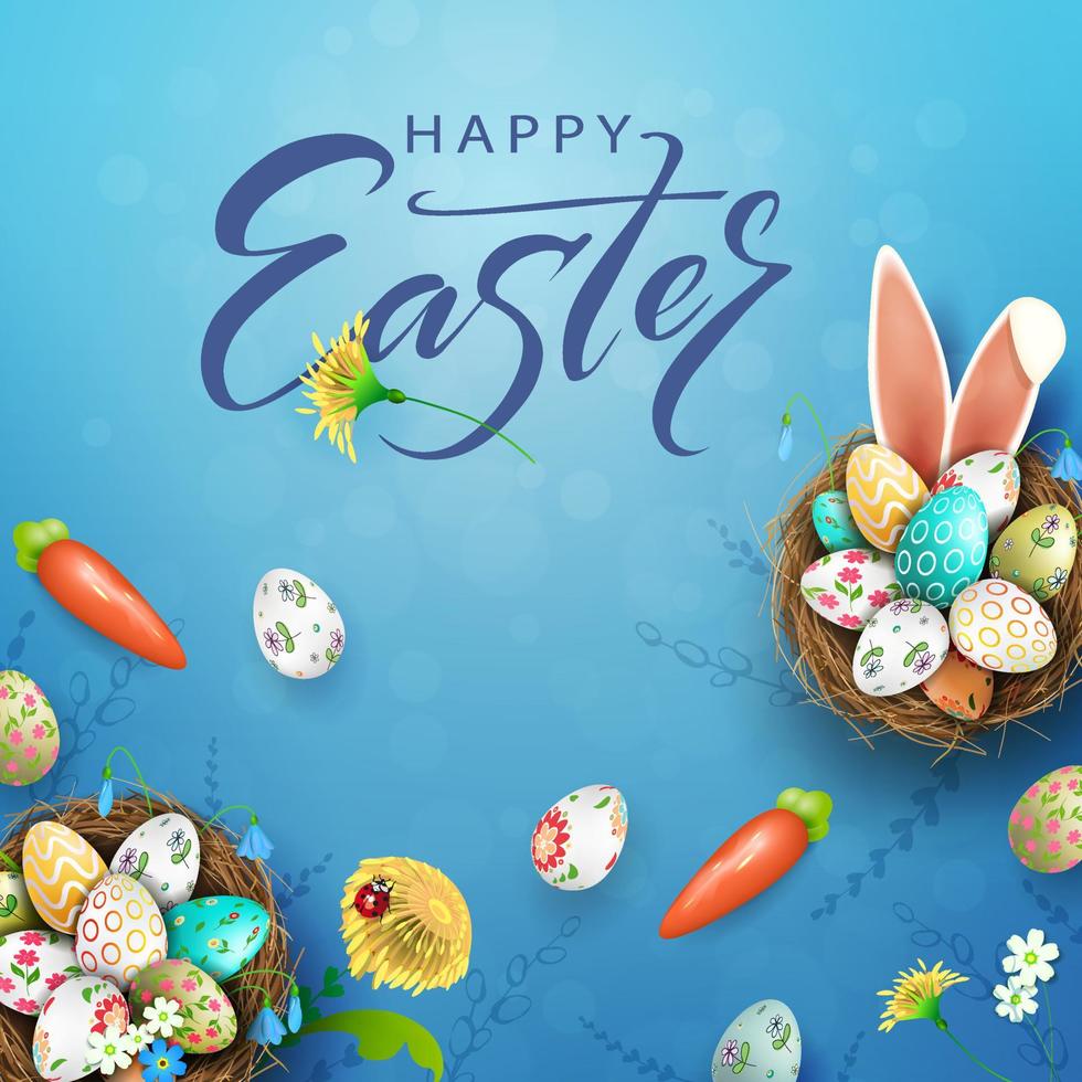 Easter blue illustration, eggs in a nest with a pattern, bunny ears. vector