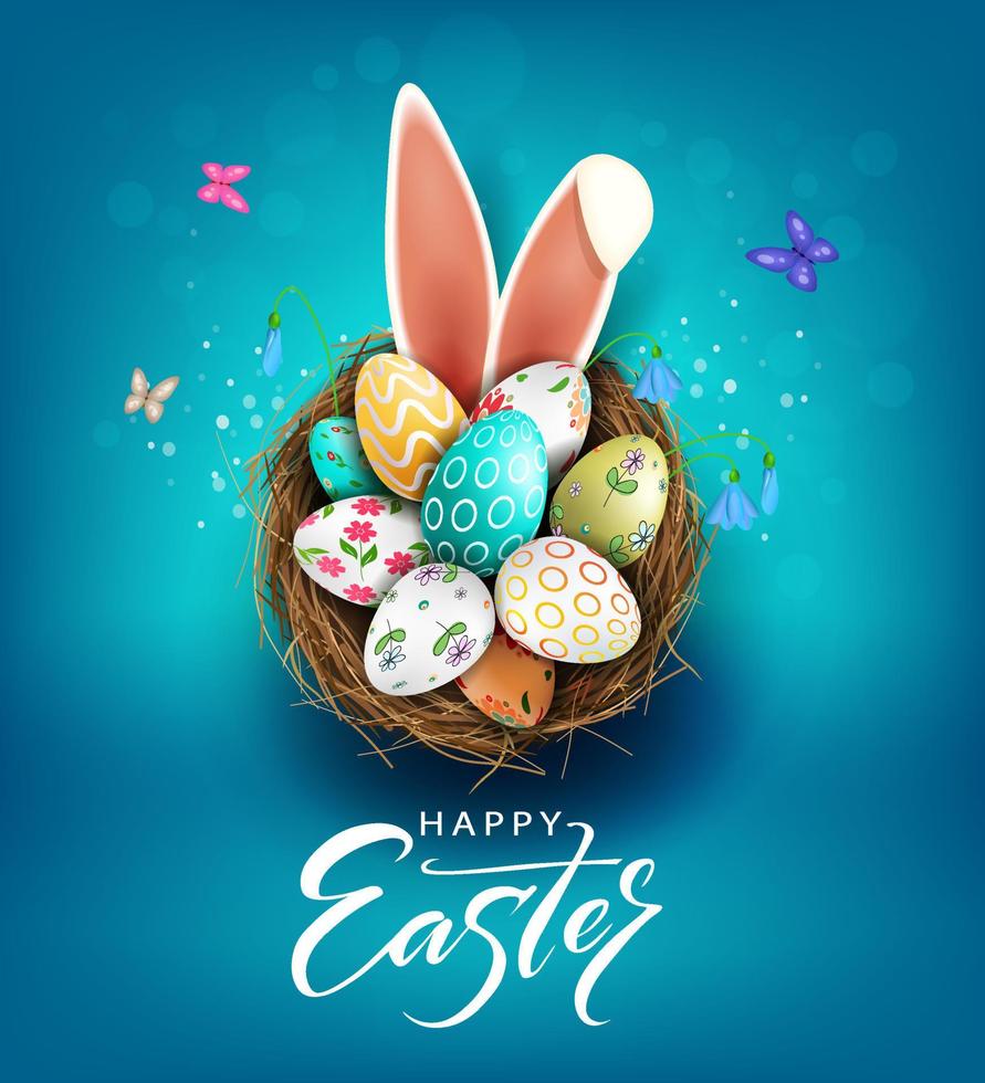 Easter blue illustration, eggs in a basket with a beautiful pattern, bunny ears, snowdrops flowers. vector