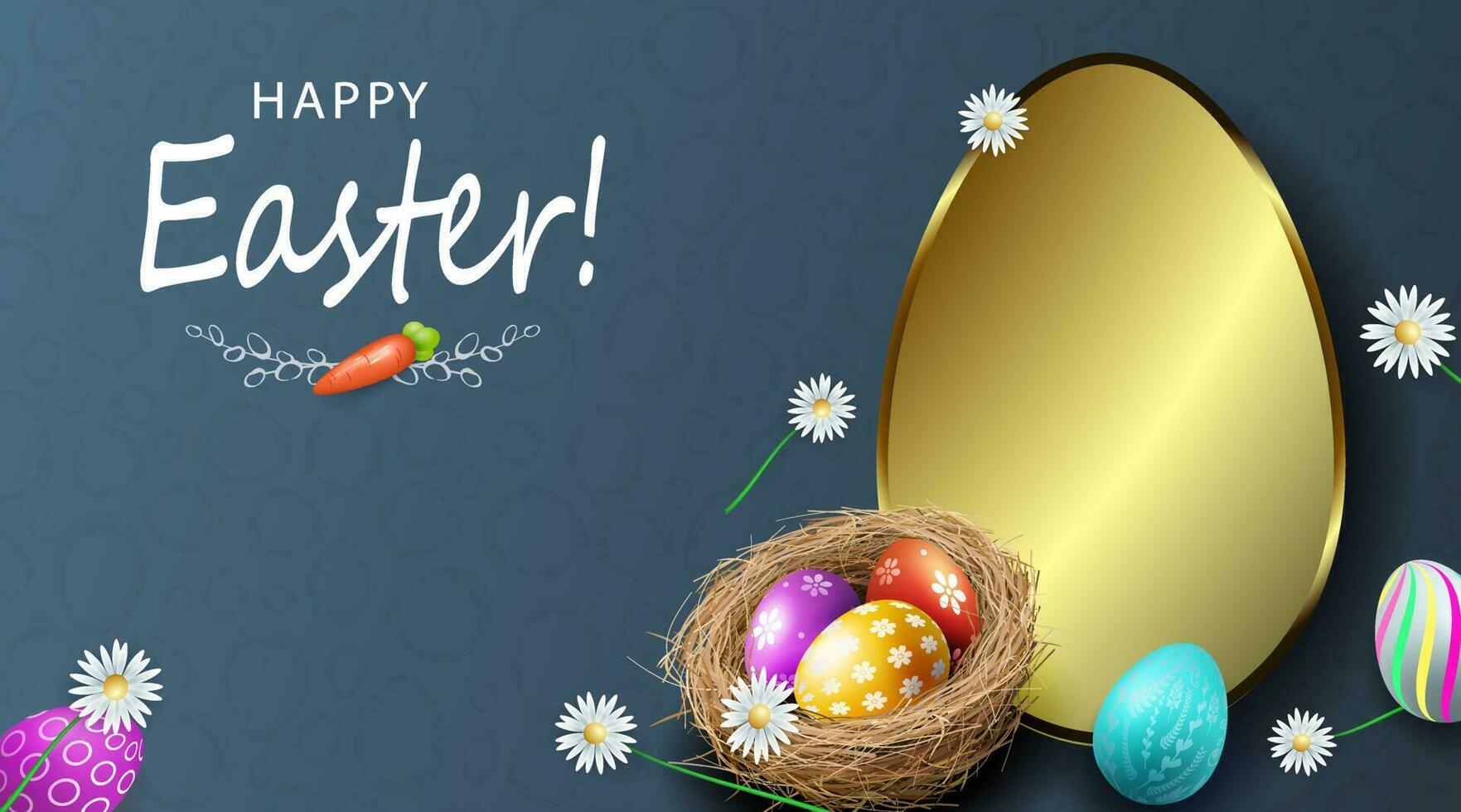 Easter billboard, eggs in a nest, flowers and an oval frame in gold color. vector