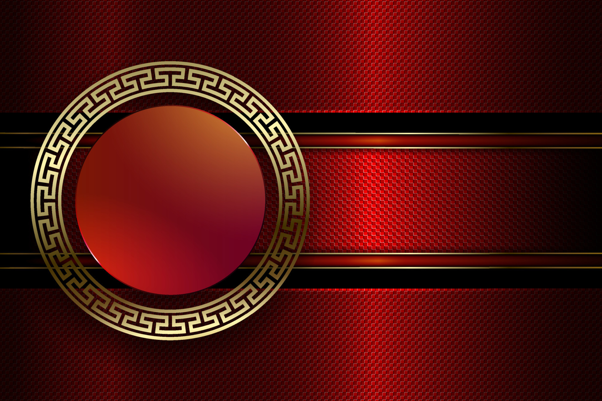 Round frame with a border and a gold color pattern on a textural red