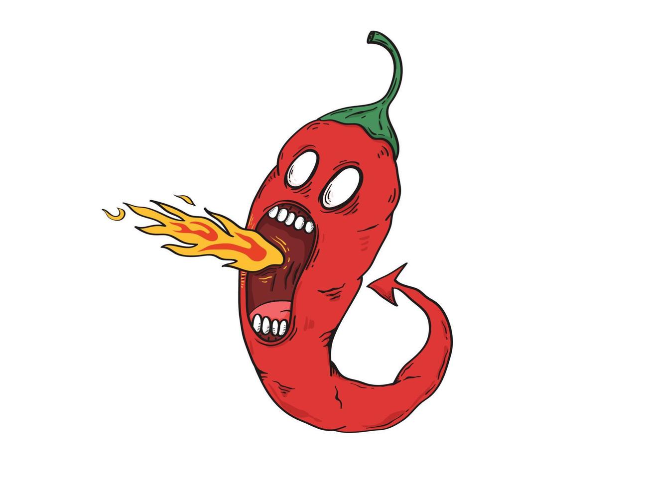 Handdrawn red extremely hot chilli pepper cartoon character on fire vector