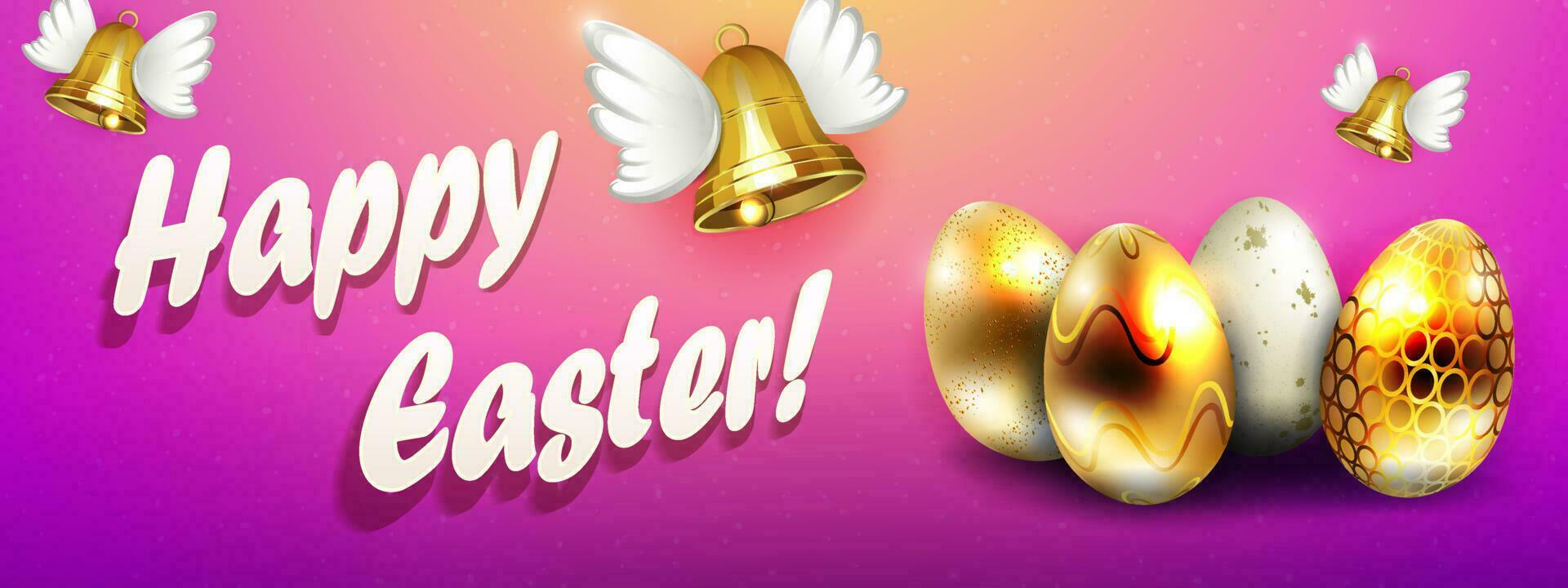 Purple composition with easter golden eggs, bells with wings. vector